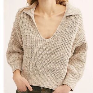 Free People Cream Beige V-Neck Collared Knit Sweater